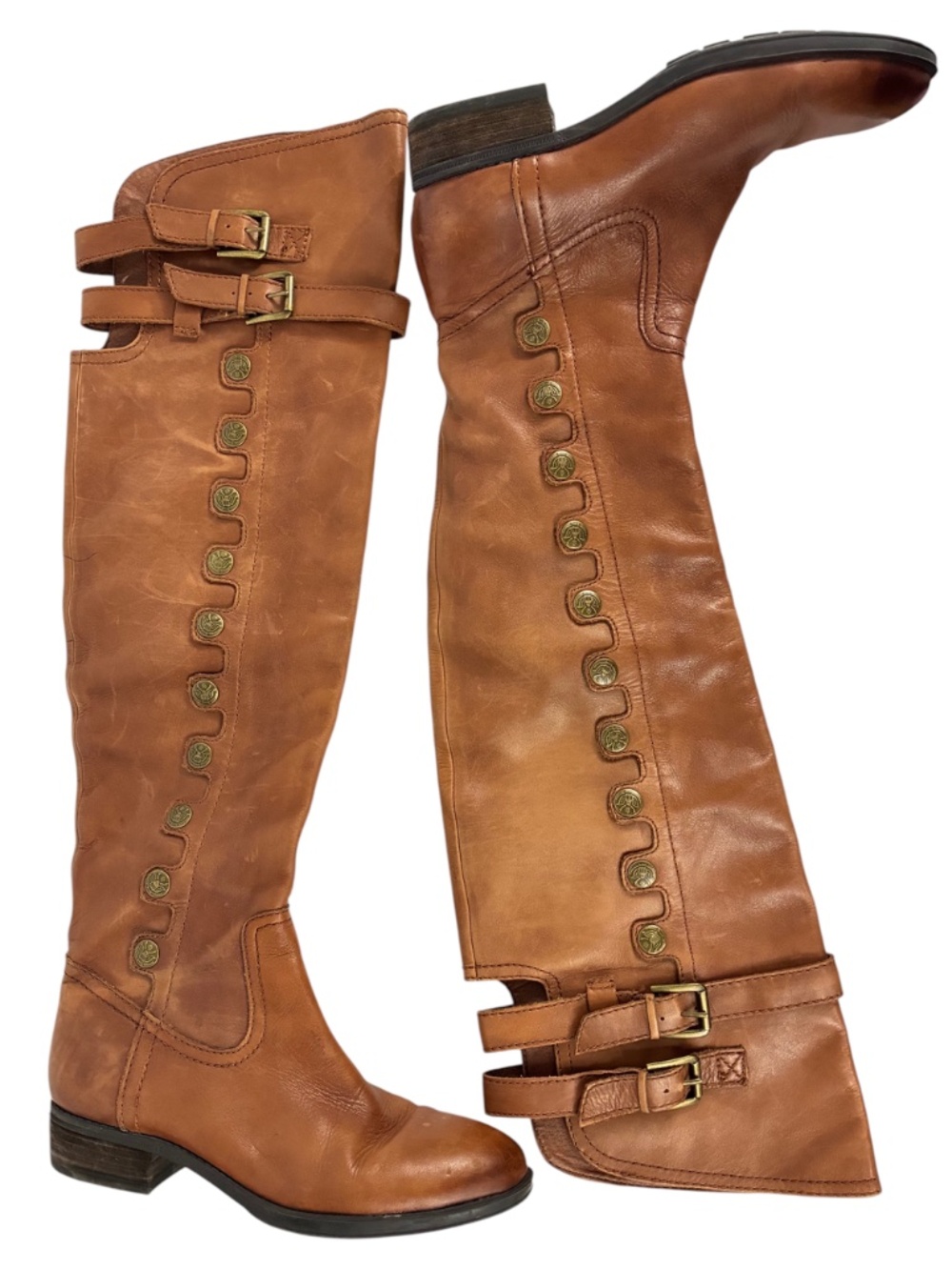 Sam Edelman Pierce Boots 7.5 Leather Military Button Over the Knee Cognac Brown